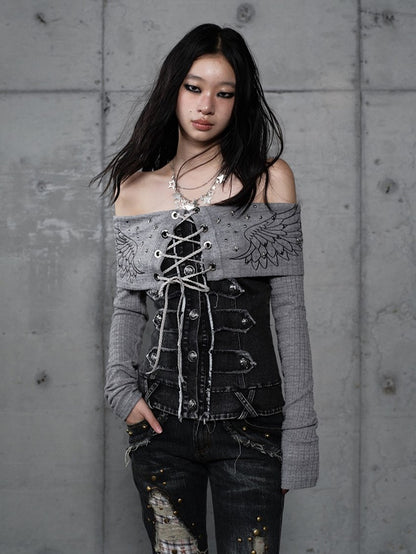 Top Knit Grey with Panels Off-Shoulder Denim Design Vintage Punk