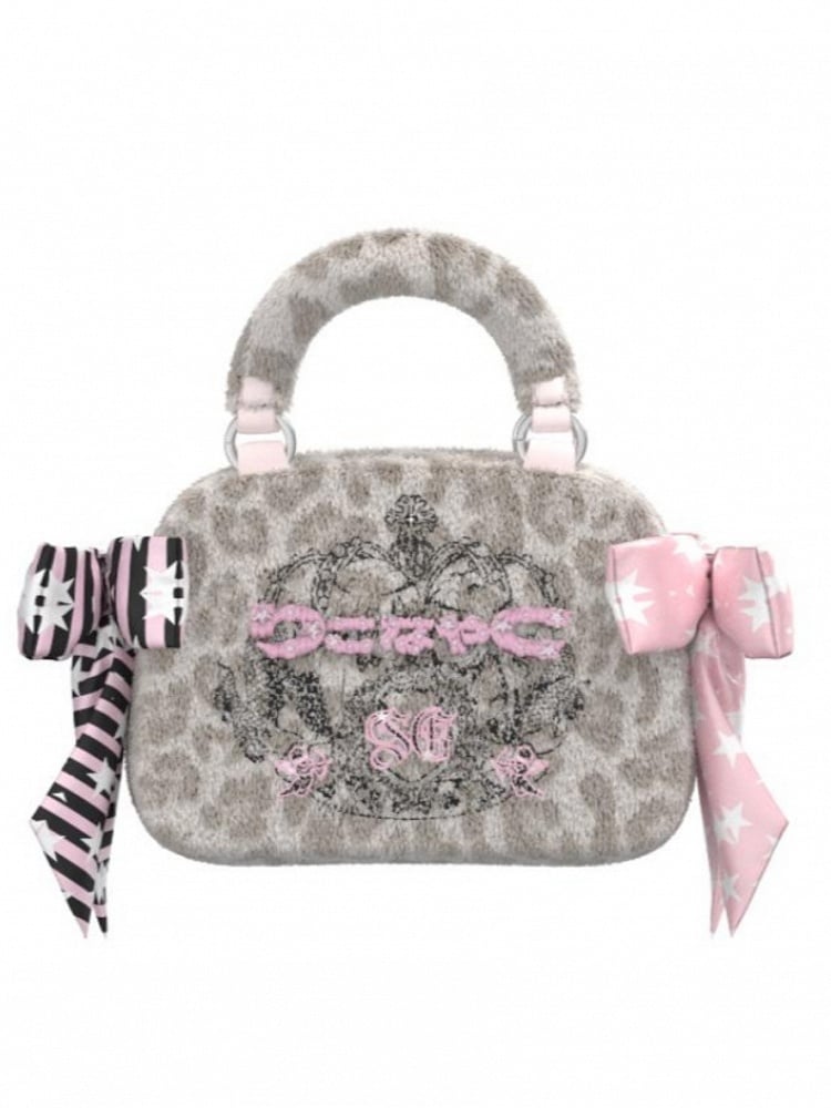 Gyaru Fashion Tote Bag with Big Bows Leopard Pattern