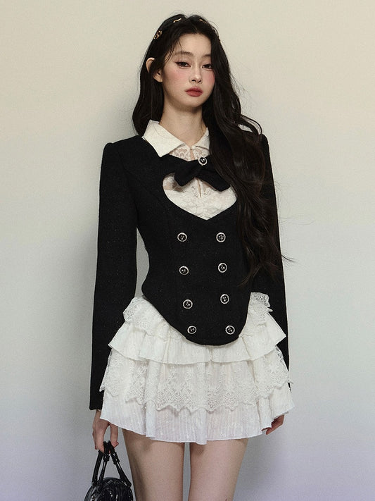 Black Heart-shaped Cutout Cropped Woolen Jacket