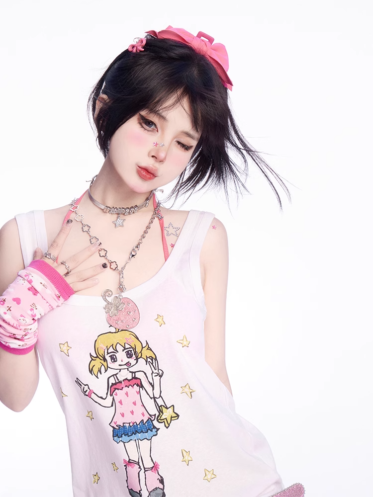 Tank Top Manga Girl Print White Loose