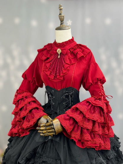 Kuro Ruffle Lolita with Tie Bell Neckline Shirt Gothic Layered Sleeves Jabot Red
