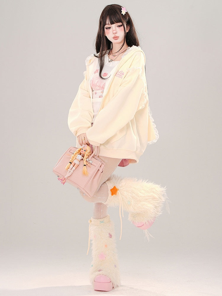 Blue/Apricot Bunny Ears Lace Trim Zip Hoodie