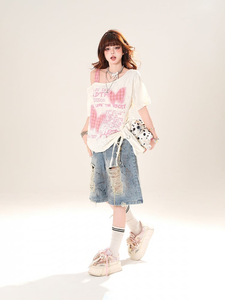 Blue Distressed Holes Straight-Leg Denim Shorts