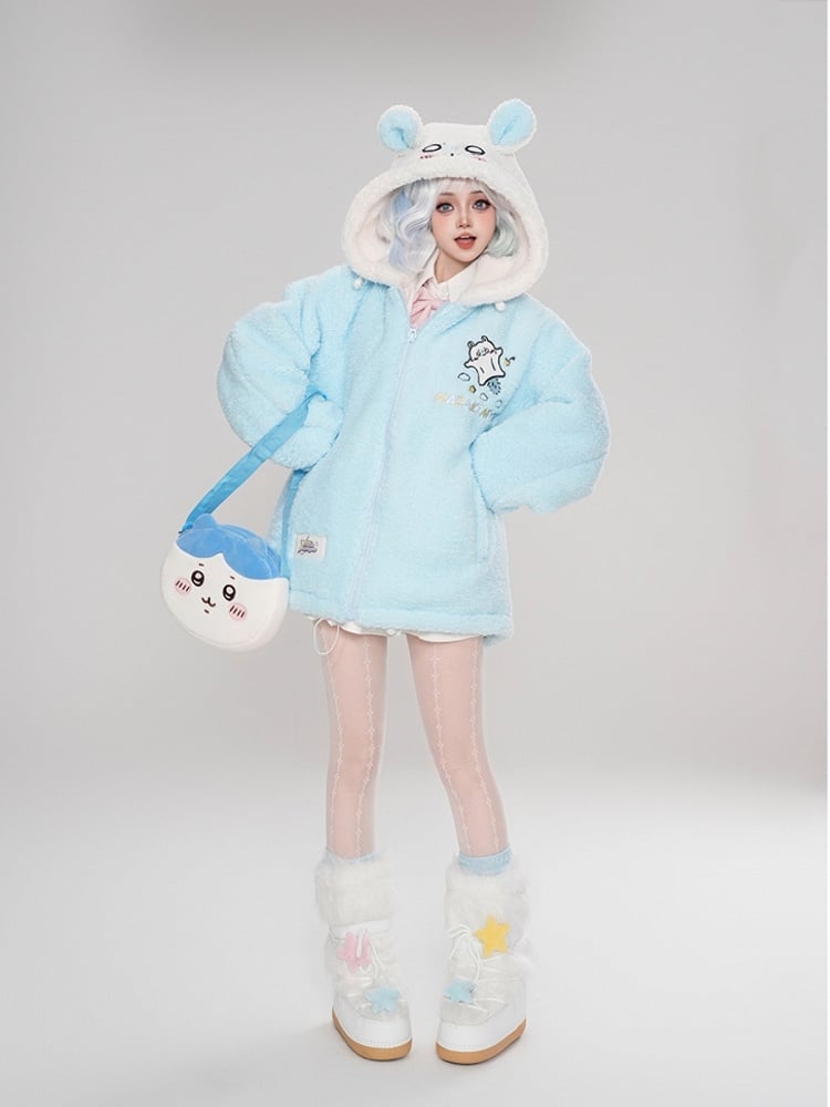 Cartoon-Druck mit Kapuze blau Eichhörnchen Mantel Ohren Fleece