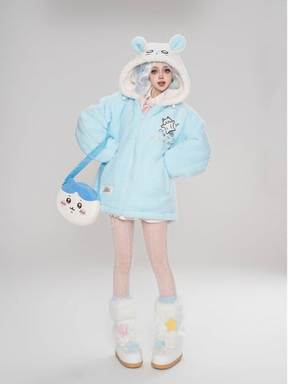 Cartoon-Druck mit Kapuze blau Eichhörnchen Mantel Ohren Fleece