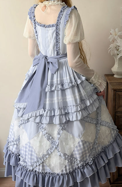 Blue Gingham Pattern and Floral Lace Patches Skirt Casual Lolita Dress