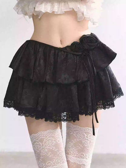 Skirt Black/Apricot Elastic Waist Lace Trim Floral Tiered Mini