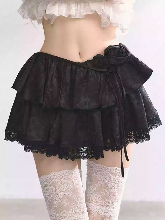 Skirt Black/Apricot Elastic Waist Lace Trim Floral Tiered Mini