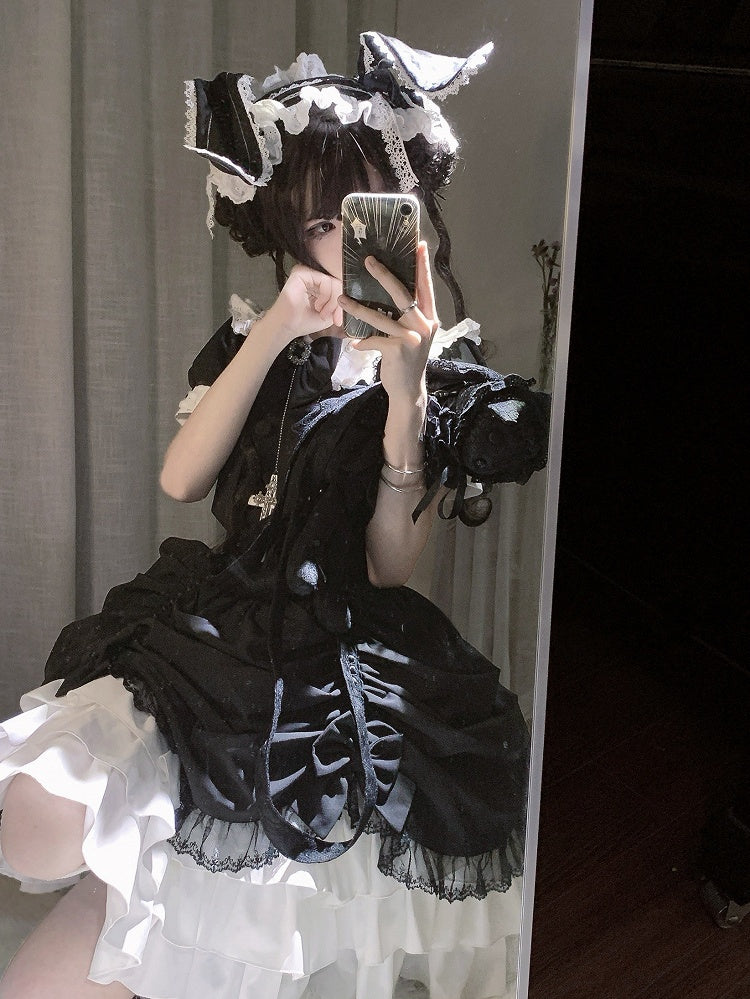 und asymmetrisches Kleid Schwarz Lolita Peter Pan Weißer Rock Stufen Gothic Ärmel Kragen Kurz