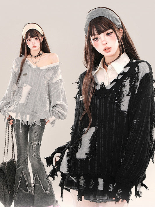 Black/Grey Distressed Holes Fake Two-piece V-neck Loose Sweater