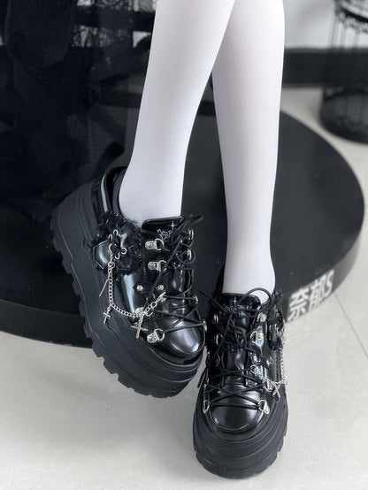 Detachable Black With Punk Front Charm Ties Design Platform Chain Lace-up Cross Shoes