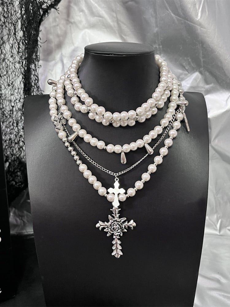 White Cross Pendants Multi-layers Goth Beaded Necklace