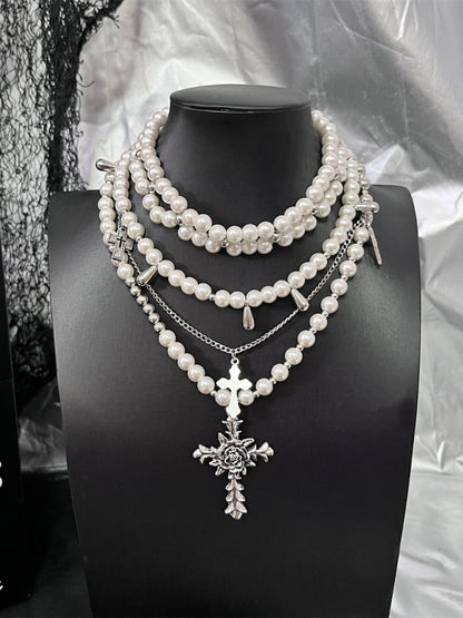 White Cross Pendants Multi-layers Goth Beaded Necklace