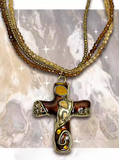 Gold/Brown Cross Pendant Triple Layered Beaded Necklace