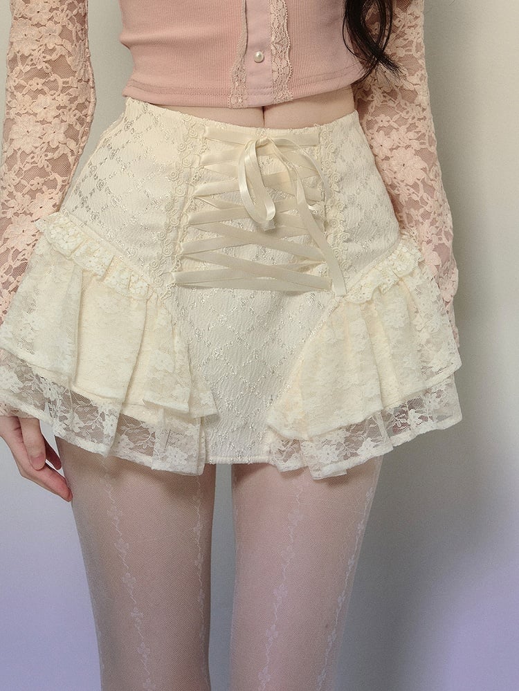 Apricot/Black Lace-up Detail Balletcore Lace Skirt