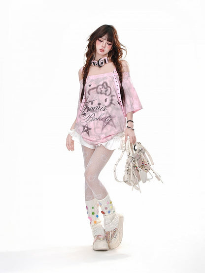 Pink Off-the-shoulder Neckline Kitty Bittersweet Loose T-Shirt