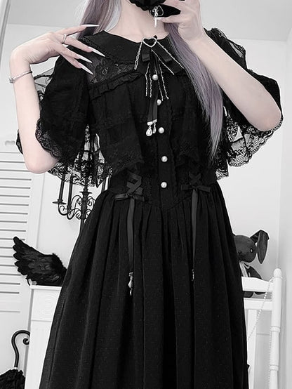 Black with Lace Lace-Up Jirai Silhouette Adjustable and Waist Kei Dress Chiffon Cape