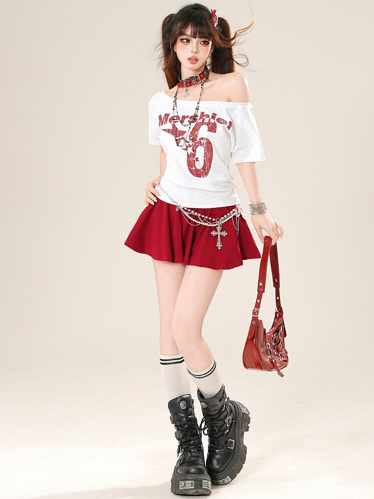 Letter T-shirt Star Glamorous Print Neckline WhiteRed And Number Asymmetrical