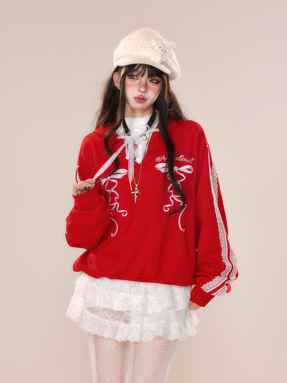 Red Lace-up Bowknot Embroidery Hoodie