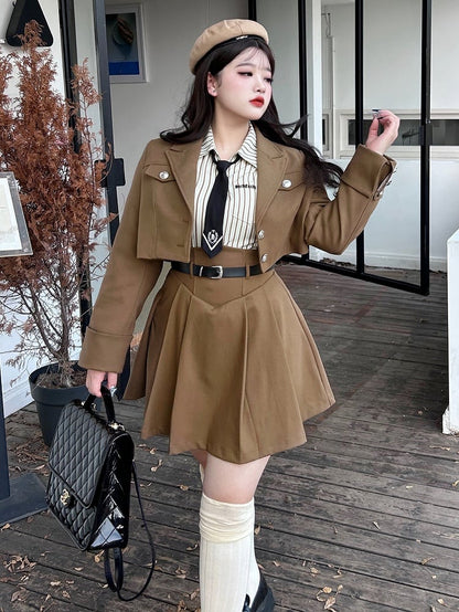 Coffee - Size Suspender Waist Preppy High Plus Skirt Overalls