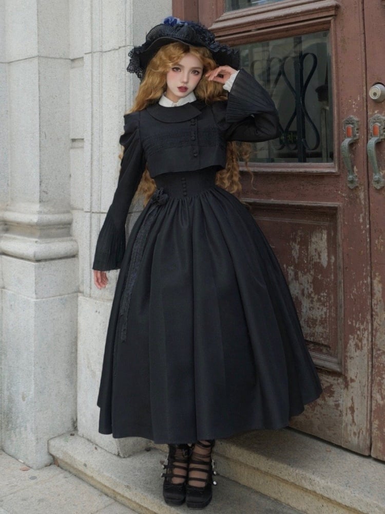 Black Rosette Scalloped Edge Under Bust Classic Lolita Jumper Skirt