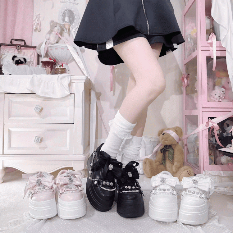 Kei Pink Jirai Top Thick-Sole Sneakers Bow Platform with