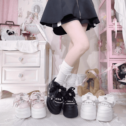 Kei Pink Jirai Top Thick-Sole Sneakers Bow Platform with