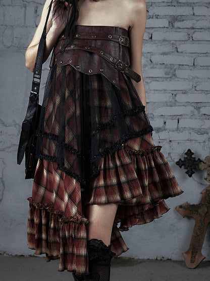 Hem Waistline Wasteland Asymmetrical Studs Punk Skirt BlackRed Plaid PU Pattern Flounce