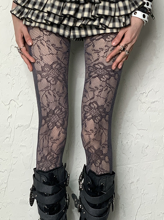 Pattern Lace Floral Dark Tights Purple