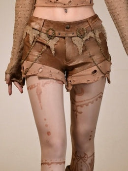 Waist Brown Distressed Low Wasteland Punk Shorts with Chain Accents