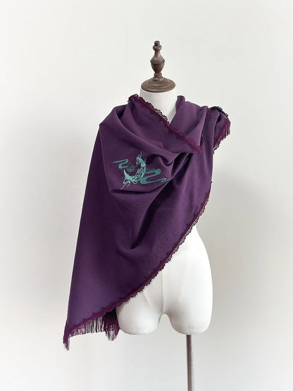 Red / Black / Purple Dragon and Moon Embroidery Shawl