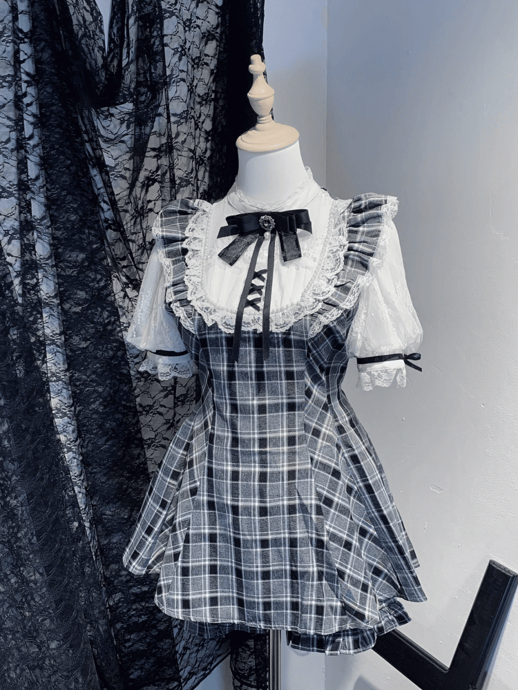 Jirai Kei Short Puff Sleeves Set Shorts White Top - Plaid/Gray Plaid Neckline Illusion Black and in