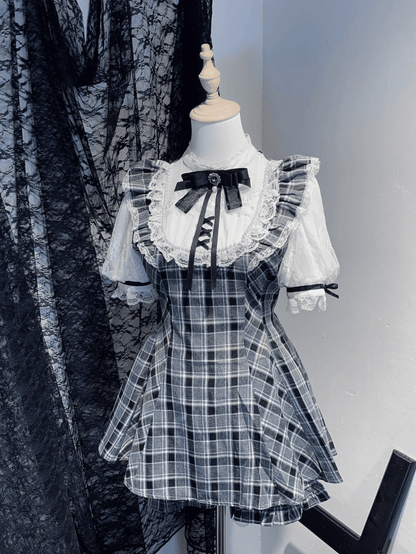 Jirai Kei Short Puff Sleeves Set Shorts White Top - Plaid/Gray Plaid Neckline Illusion Black and in
