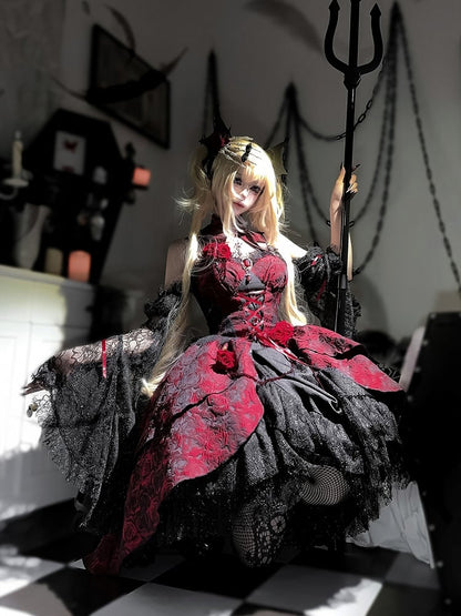 Black and Red Gothic Rosette Fabric High-low Skirt Dress Lolita JSK with Sleeves and Collar