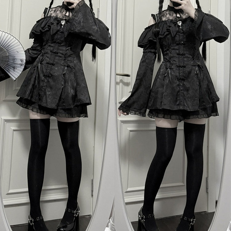 Cheongsam + Illusion Jirai Neckline Mini Dress Bow Tie Kei Shorts Set- Black Style + Bell Sleeves