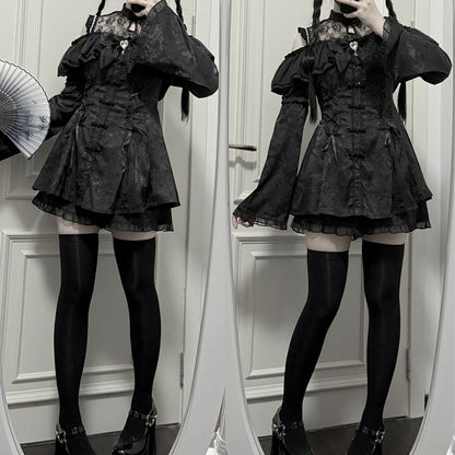 Cheongsam + Illusion Jirai Neckline Mini Dress Bow Tie Kei Shorts Set- Black Style + Bell Sleeves