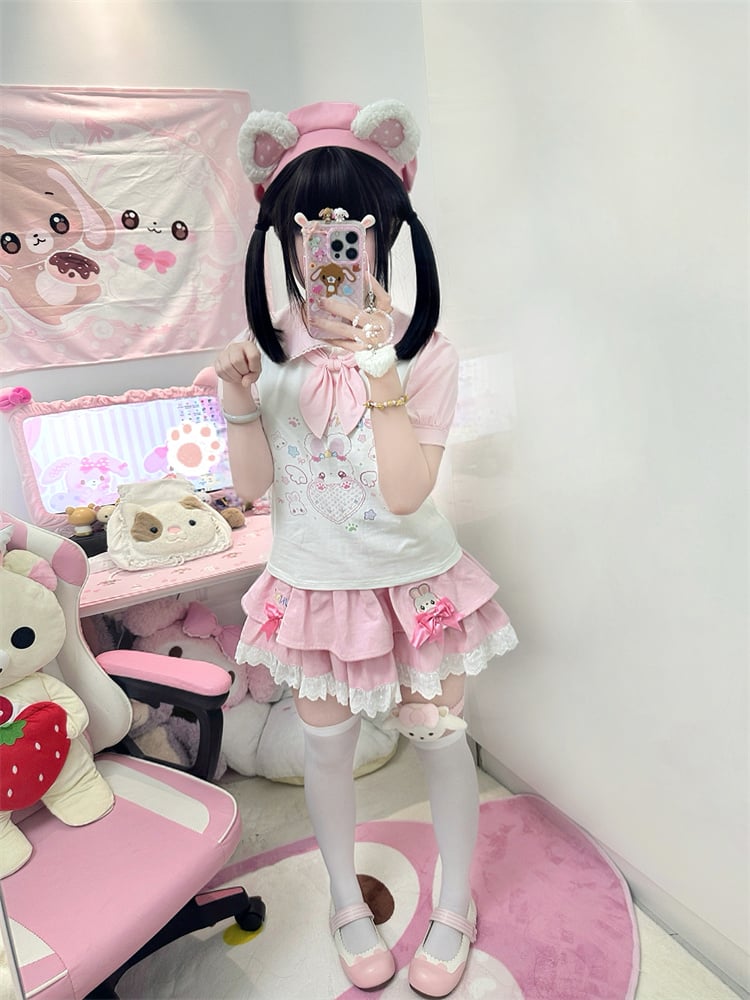 Tie T-Shirt Ears Heart Bunny Pink  White Peter Pan Collar Bunny