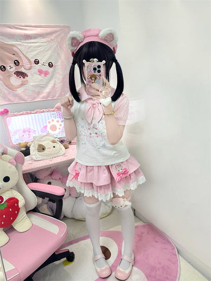 Tie T-Shirt Ears Heart Bunny Pink  White Peter Pan Collar Bunny
