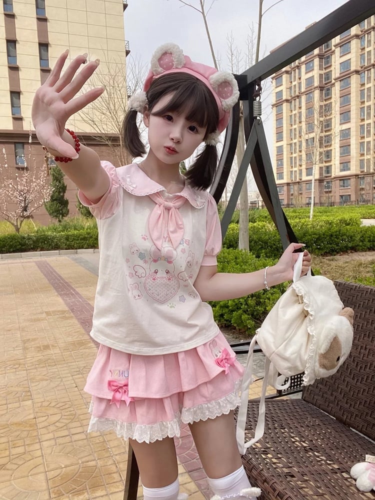 Tie T-Shirt Ears Heart Bunny Pink  White Peter Pan Collar Bunny