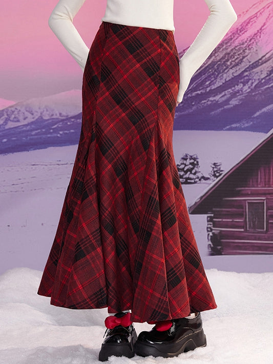 Black and Red High Waist Plaid Mermaid Skirt