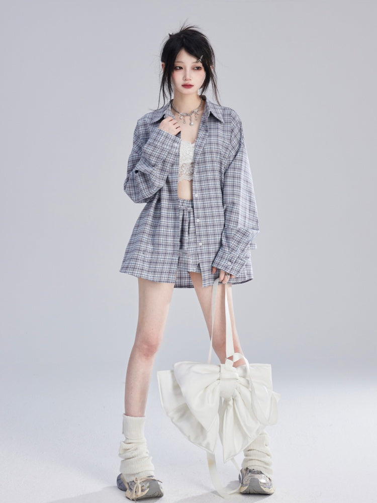 Loose Blue  White Plaid Vintage Shirt/Bubble Skirt