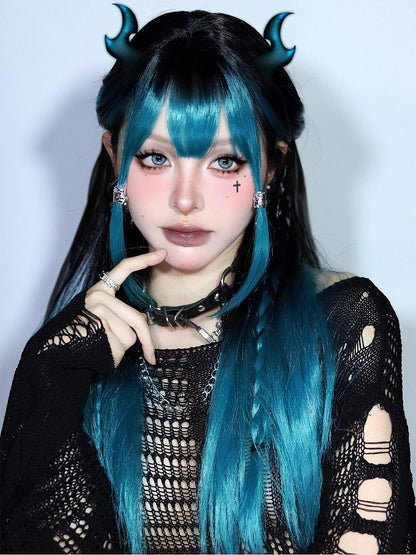 Green With Bangs And Air Black Wig Length Ombre 68CM Straight