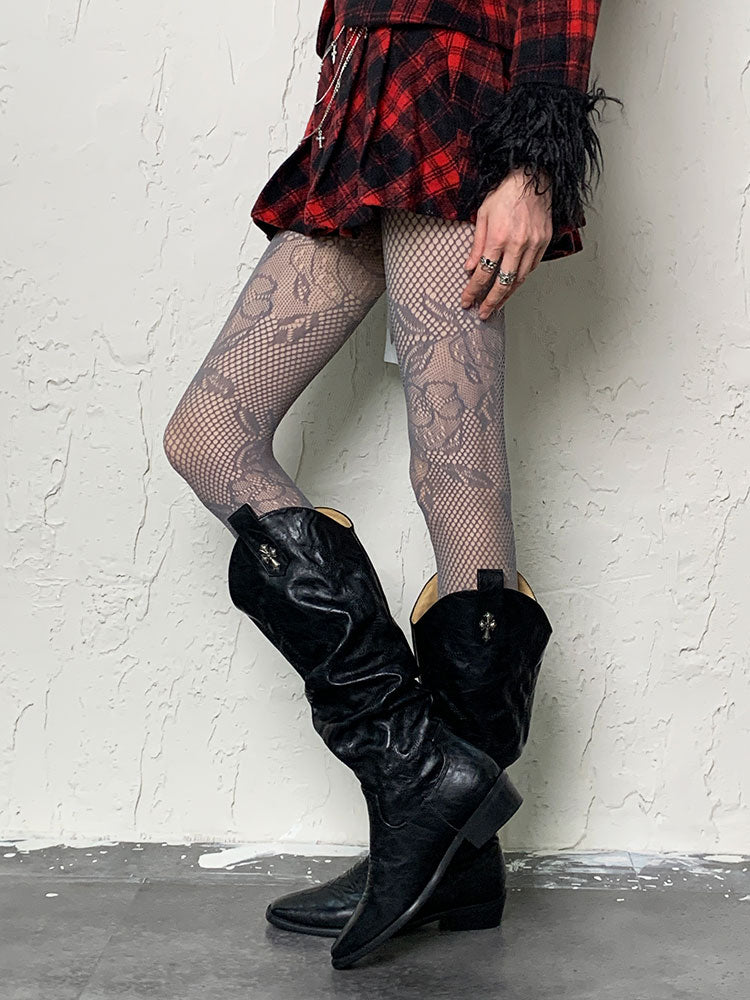Grey Y2K Hollow-out Floral Pattern Tights