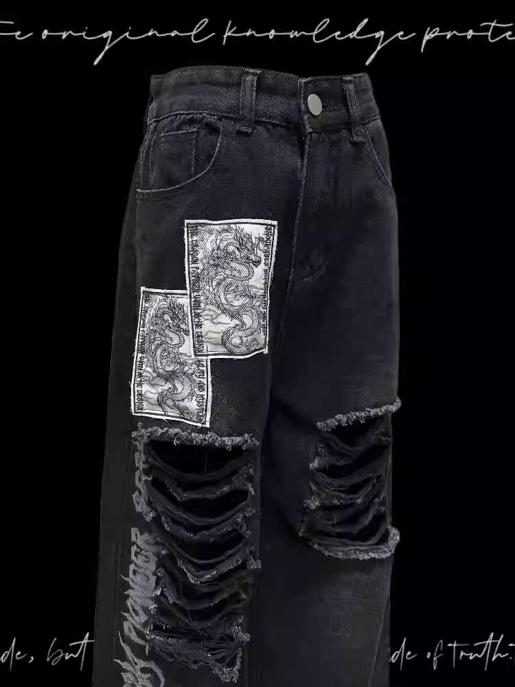 Black Punk Print Dragon Holes Hem Jeans Distressed Appliques Raw