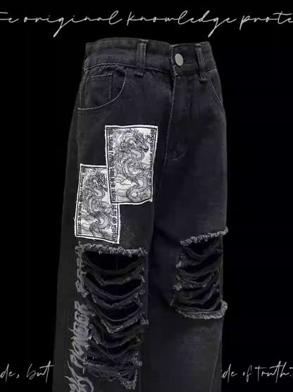 Black Punk Print Dragon Holes Hem Jeans Distressed Appliques Raw