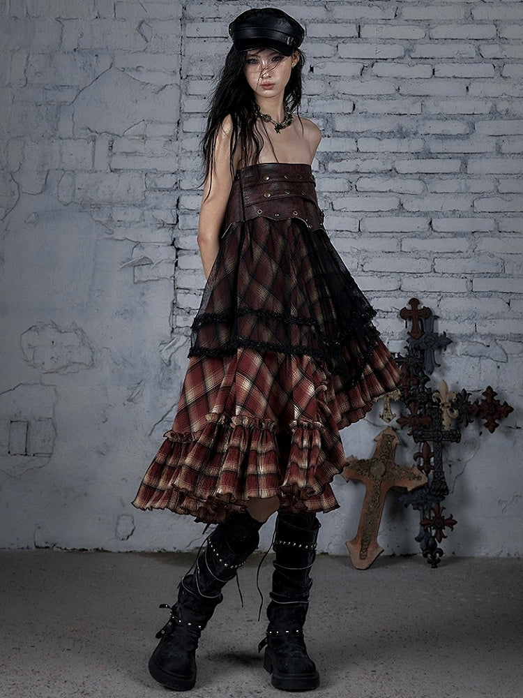 Hem Waistline Wasteland Asymmetrical Studs Punk Skirt BlackRed Plaid PU Pattern Flounce