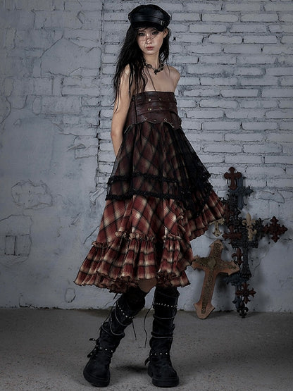 Hem Waistline Wasteland Asymmetrical Studs Punk Skirt BlackRed Plaid PU Pattern Flounce