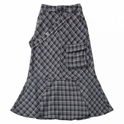 Ankle Black and White Plaid Pocket Length Mermaid Skirt Detail