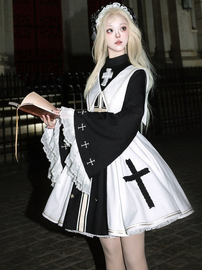 White and Black Nun Lolita Dress Full Set-Bell Sleeves Nun Dress + White Cape + Black Bow Accessory