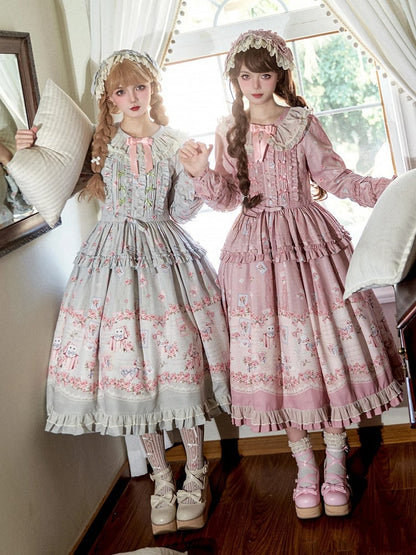 Robe Lolita douce à manches longues, motif floral et chaton, style maison rose, printemps